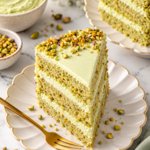 elegant pistachio layer cake slice
